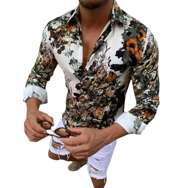 T-shirt men's casual floral formal long sleeve stylish tops slim fit dress shirt 